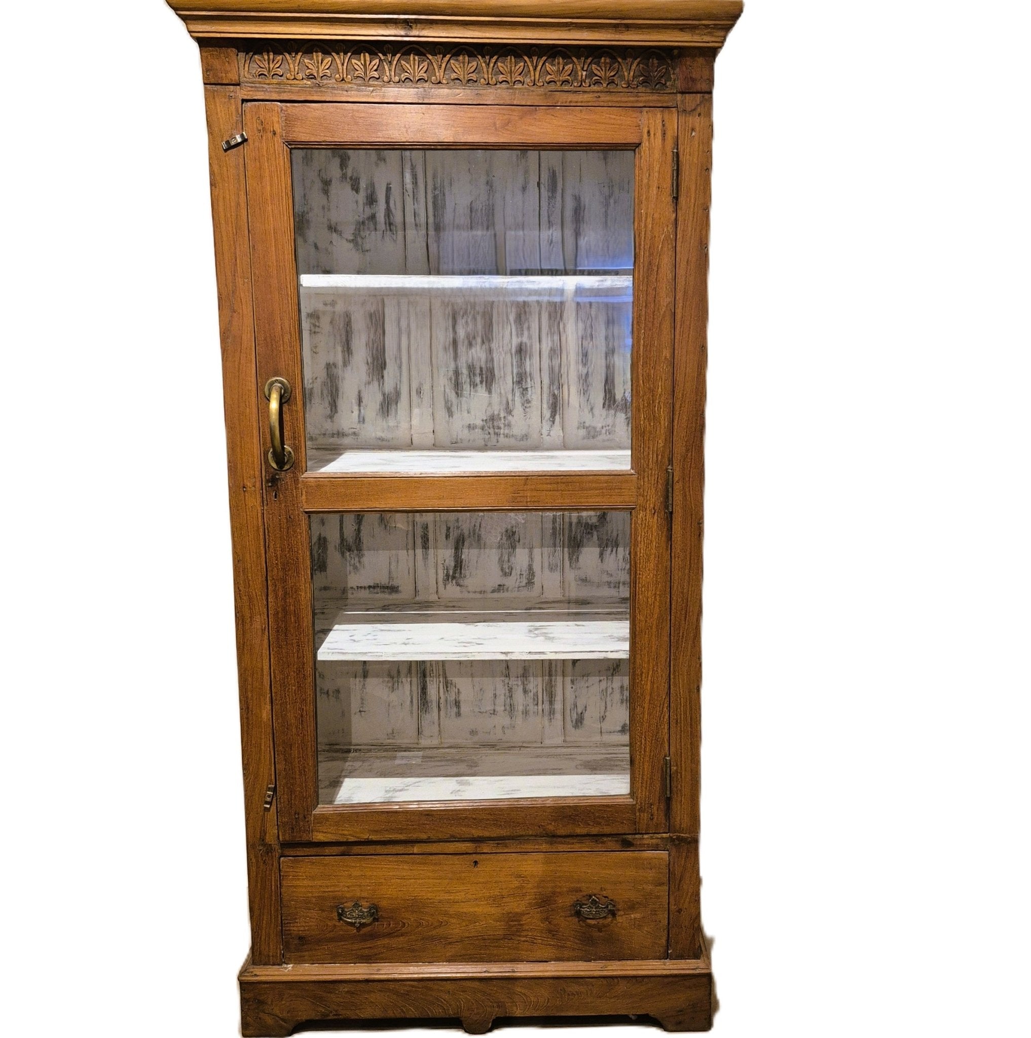 Tall vintage teak cabinet with glass doors and a large drawer at the base, 191 cm high and 98 cm wide