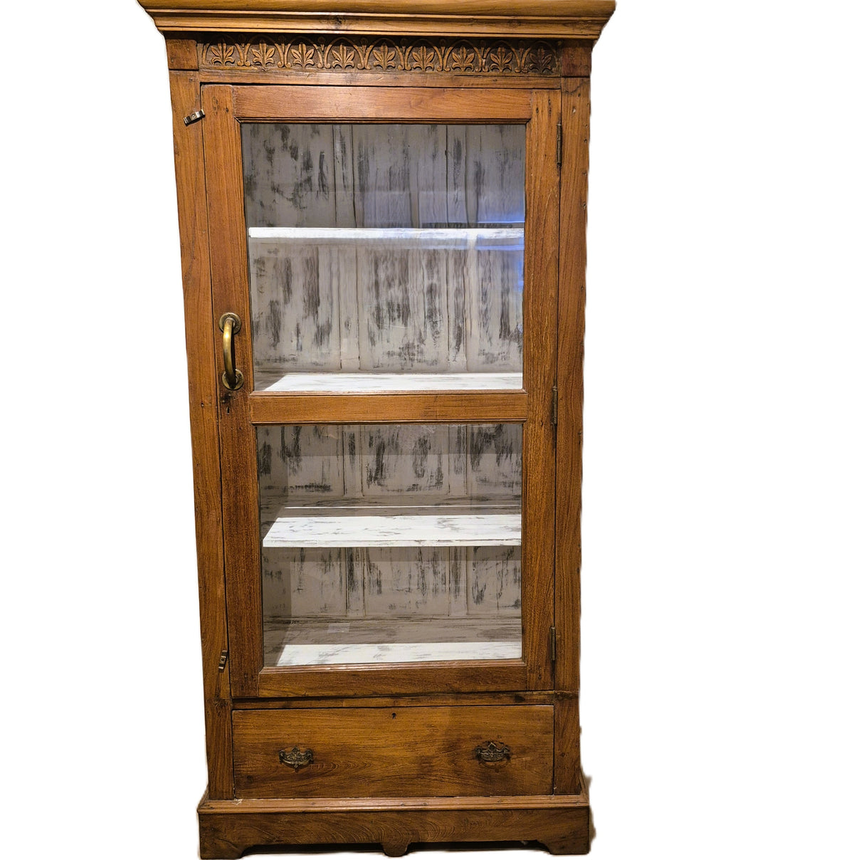 Tall vintage teak cabinet with glass doors and a large drawer at the base, 191 cm high and 98 cm wide