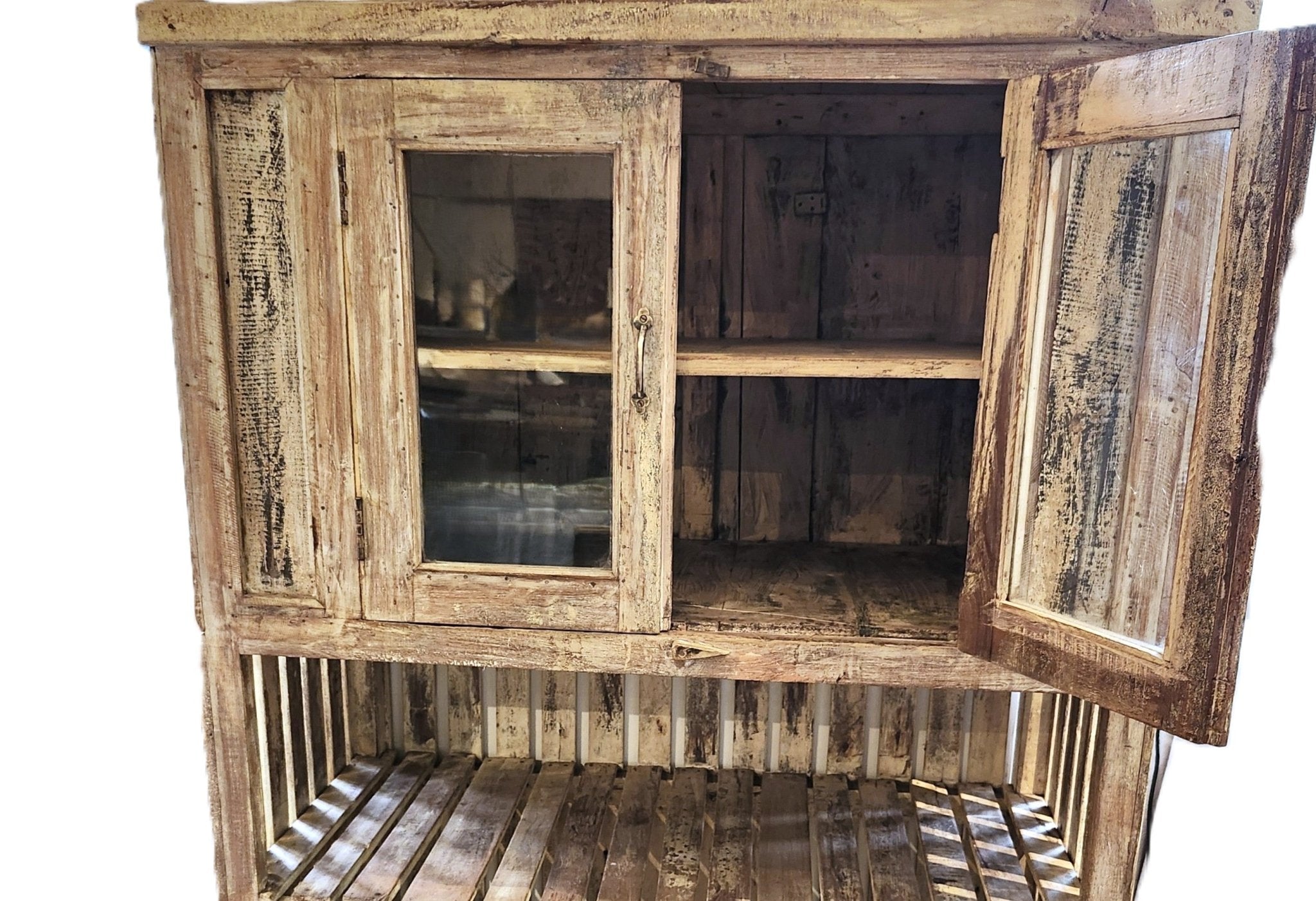Limed teak kitchen cabinet with shelf and drying rack, styled