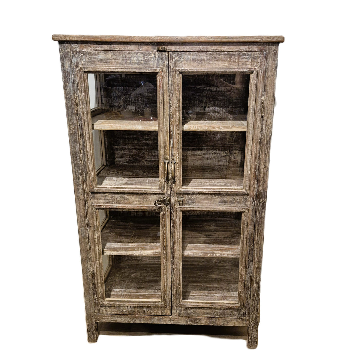 Lightly whitewashed teak cabinet with a glass front and glass sides, 130 cm high and 80 cm wide, India