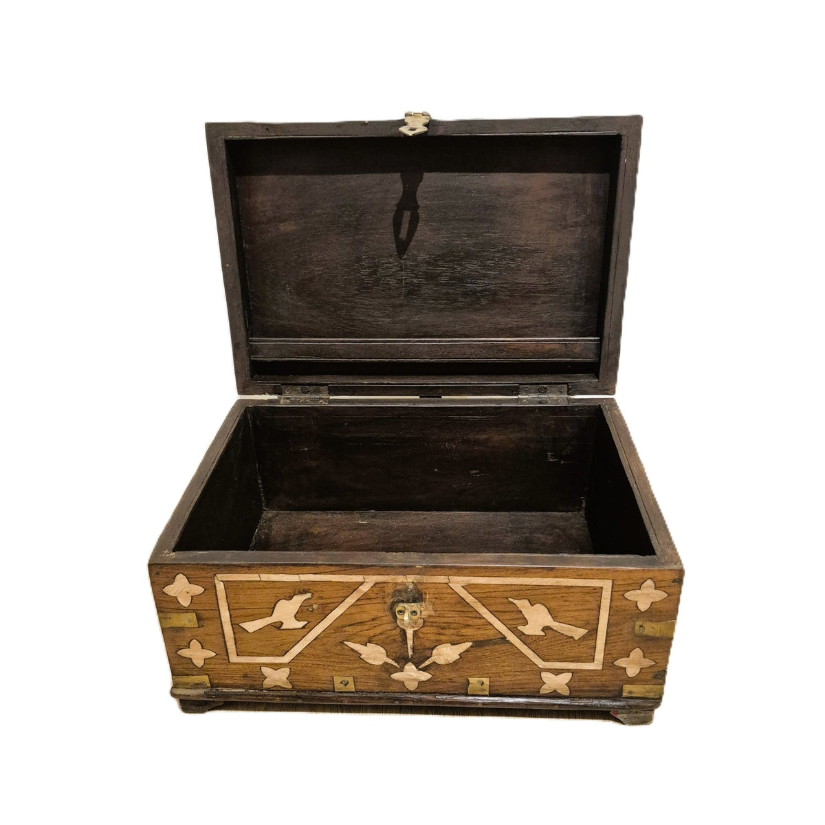 Small teak storage chest inlaid with bone, 28 cm deep, sized for papers, documents or other valuables