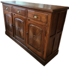 Vintage teak sideboard, three drawers and cupboards, angled view