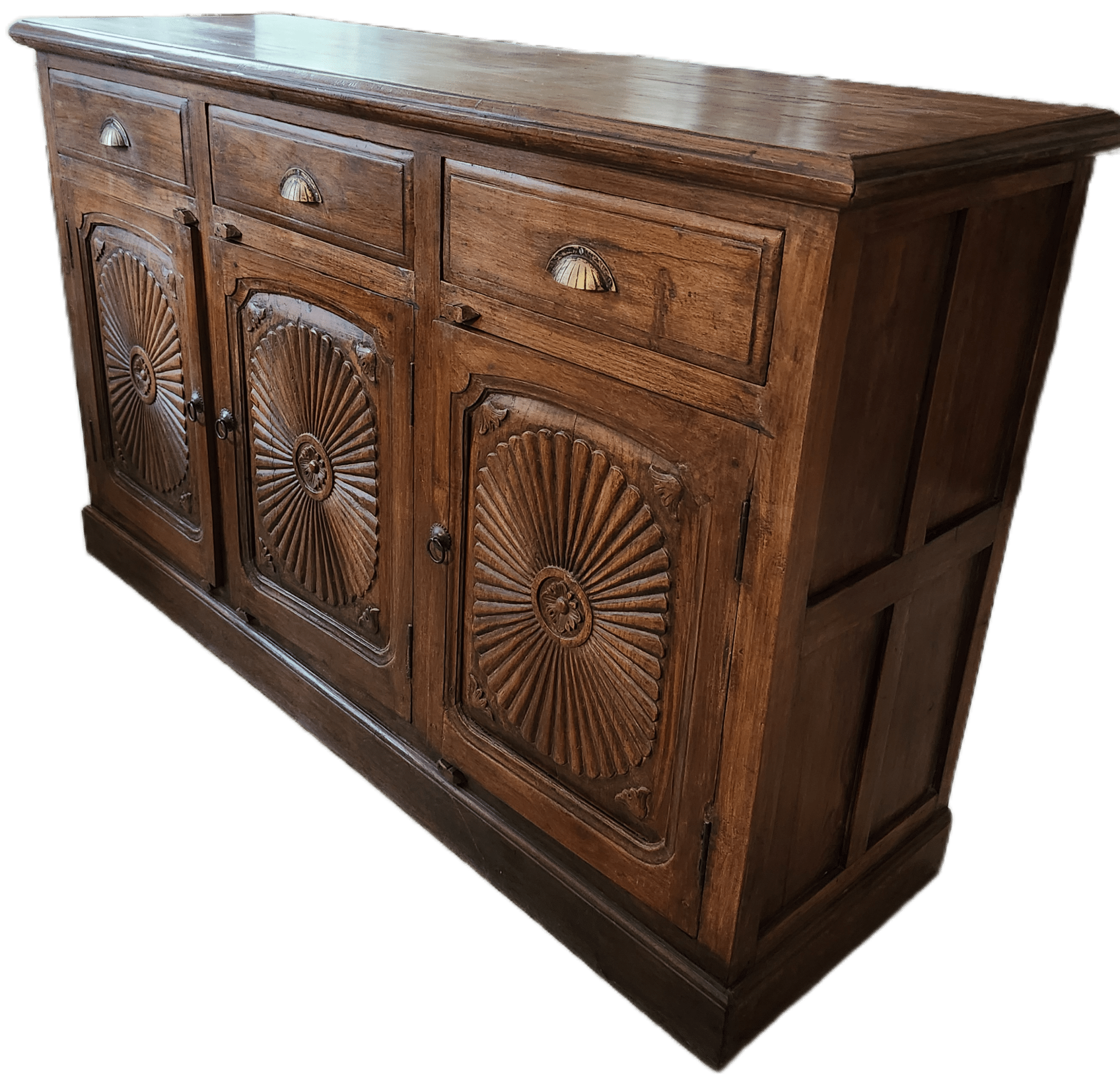 Vintage teak sideboard, three drawers and cupboards, angled view