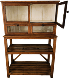Vintage teak glass-fronted cabinet over slatted shelves, natural finish, 168 x 109cm