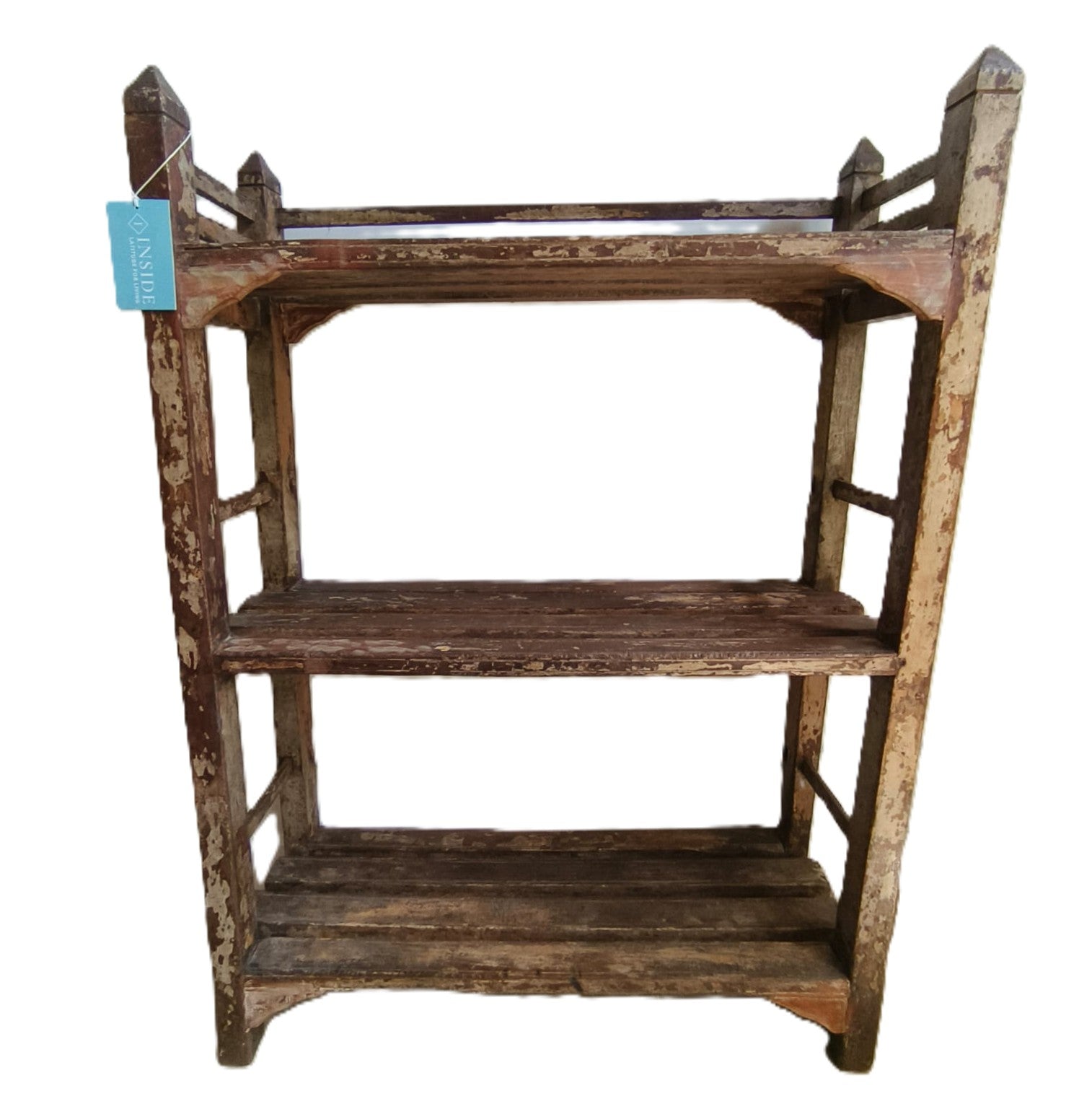 Vintage teak three-shelf unit, distressed grey finish, 82 x 28 x 114cm