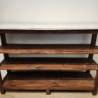 Teak console table with white marble top and three shelves, 84 x 135 x 38 cm