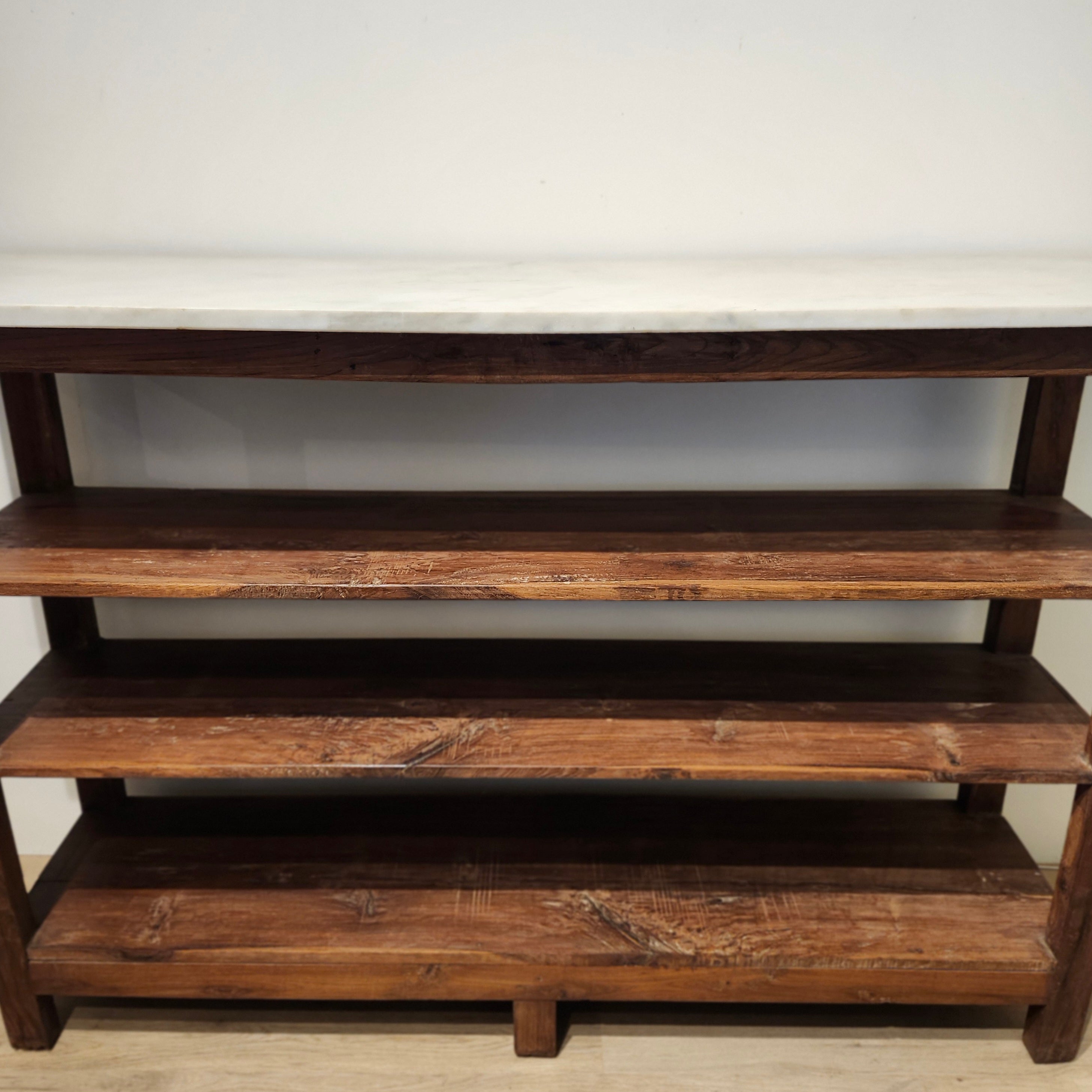 Teak console table with white marble top and three shelves, 84 x 135 x 38 cm