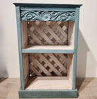 Small aqua painted shelf, slatted back, vintage teak, detail view