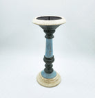Painted wood candlestick in matte blue, short, rustic style