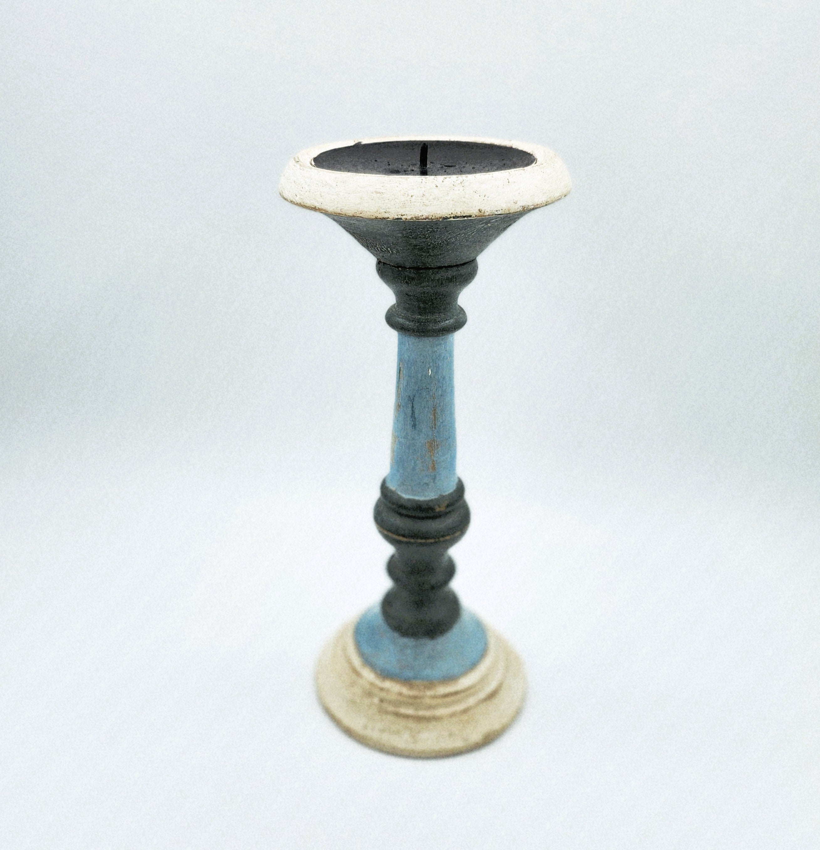 Painted wood candlestick in matte blue, short, rustic style