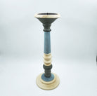 Painted wood candlestick in matte blue, tall, rustic style
