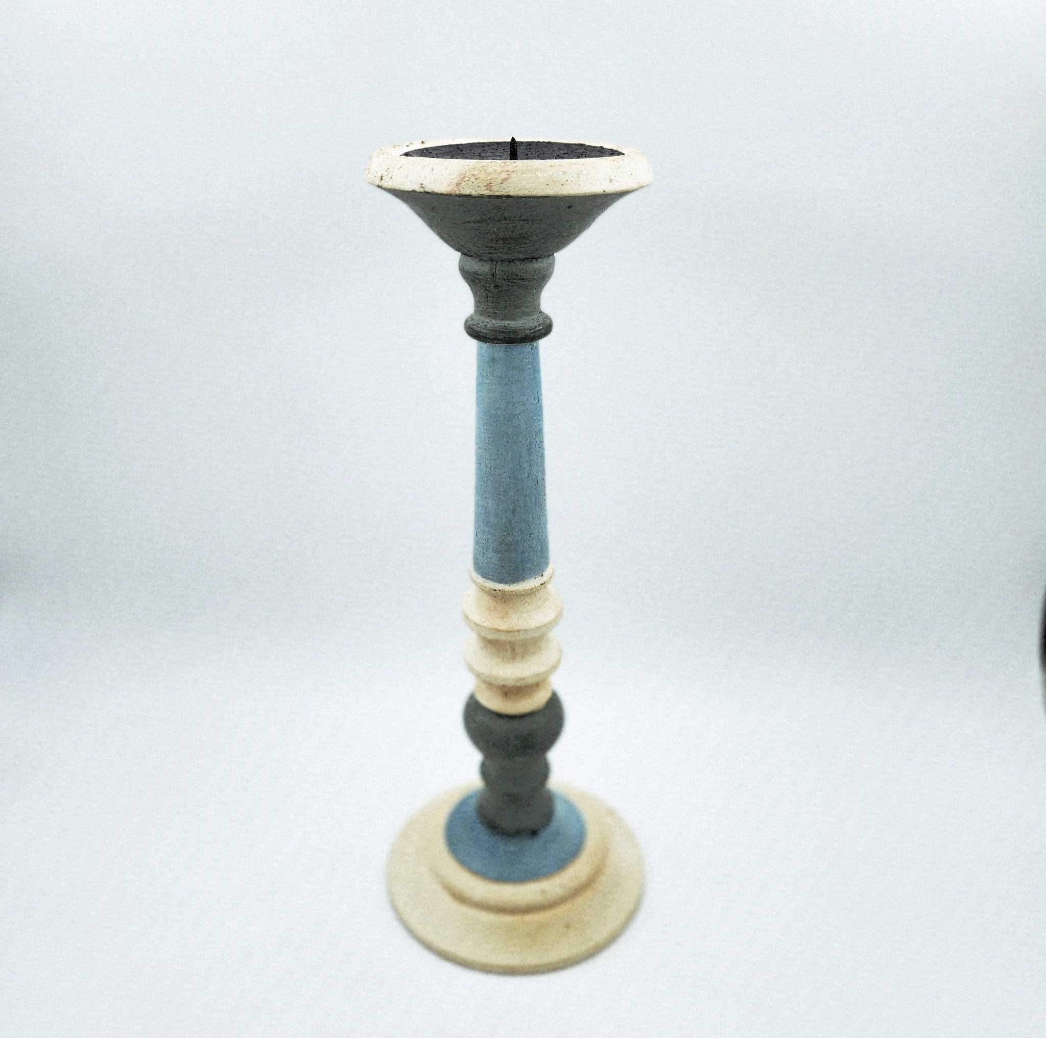 Painted wood candlestick in matte blue, tall, rustic style