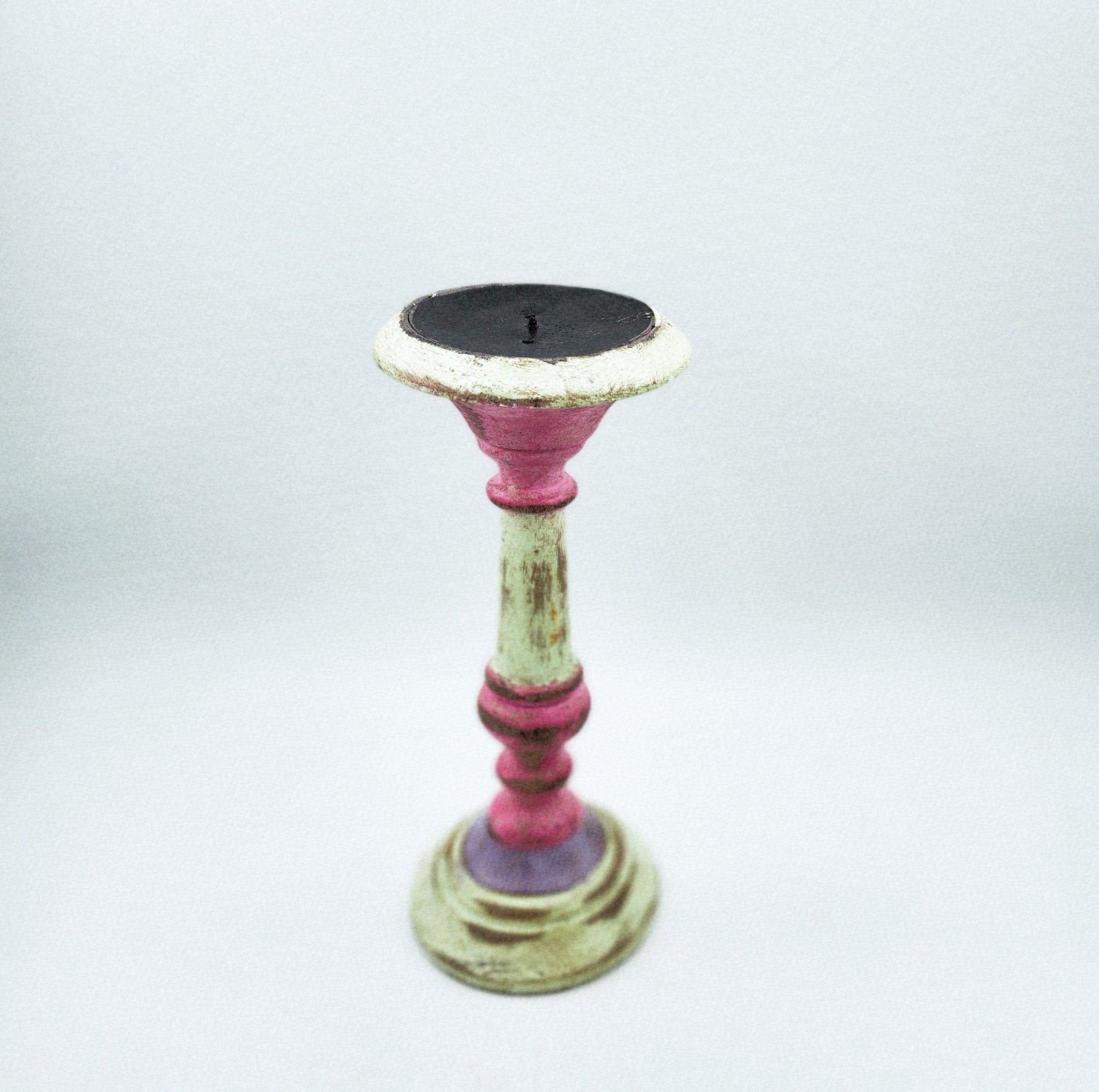 Painted wood candlestick in matte pink, small, rustic style