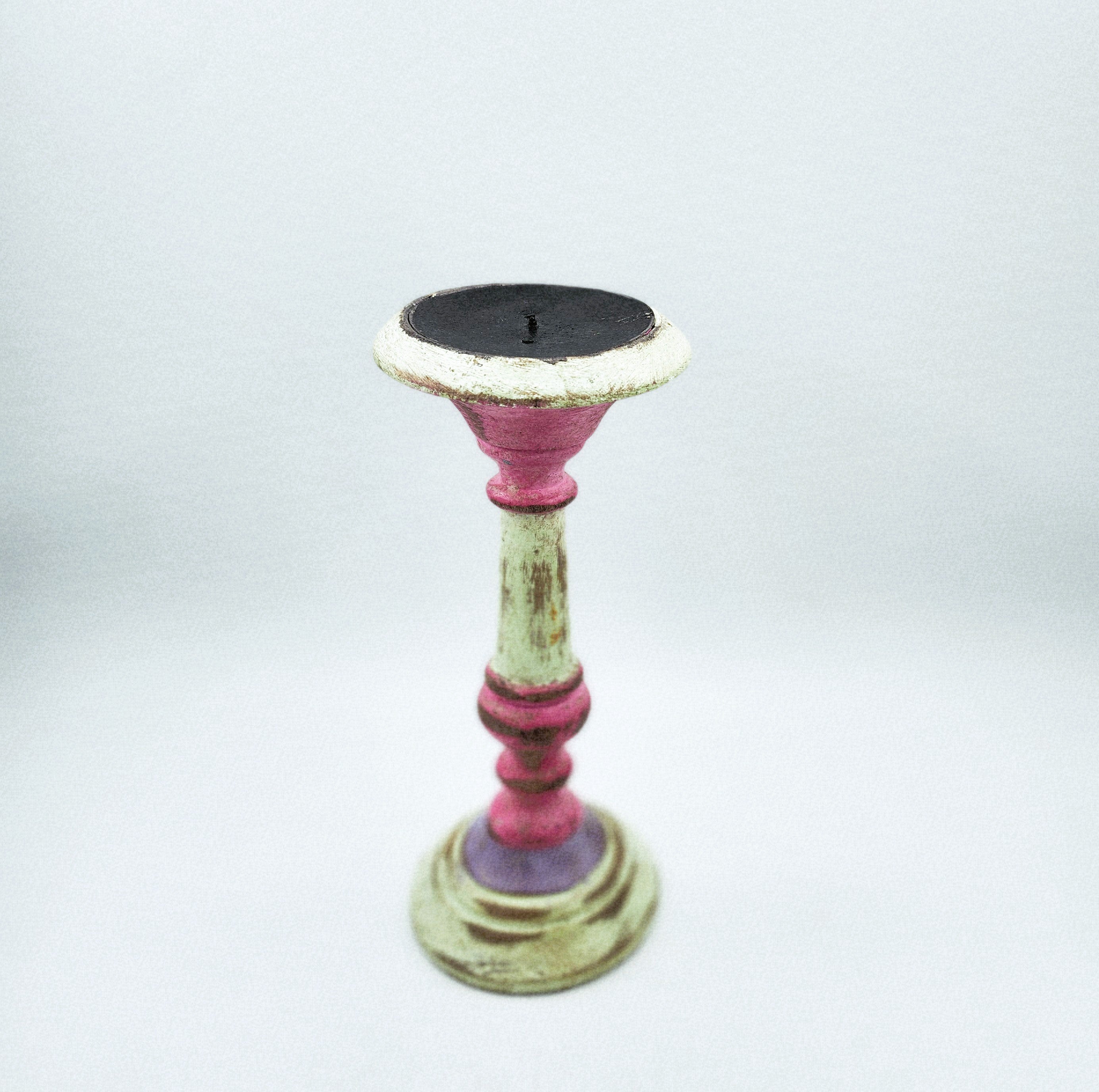 Painted wood candlestick in matte pink, small, rustic style