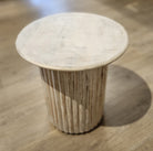 Round limed wood side table, fluted pedestal base, detail