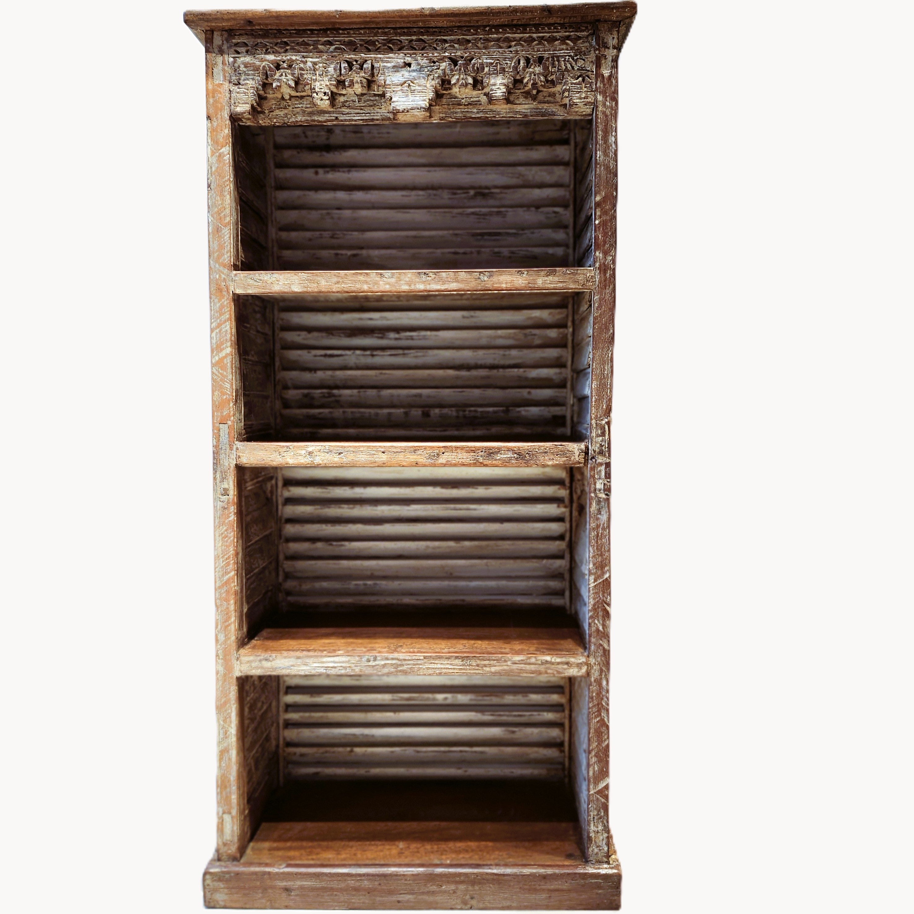 Teak bookcase made from repurposed louvred shutters with a distressed white and natural wax finish