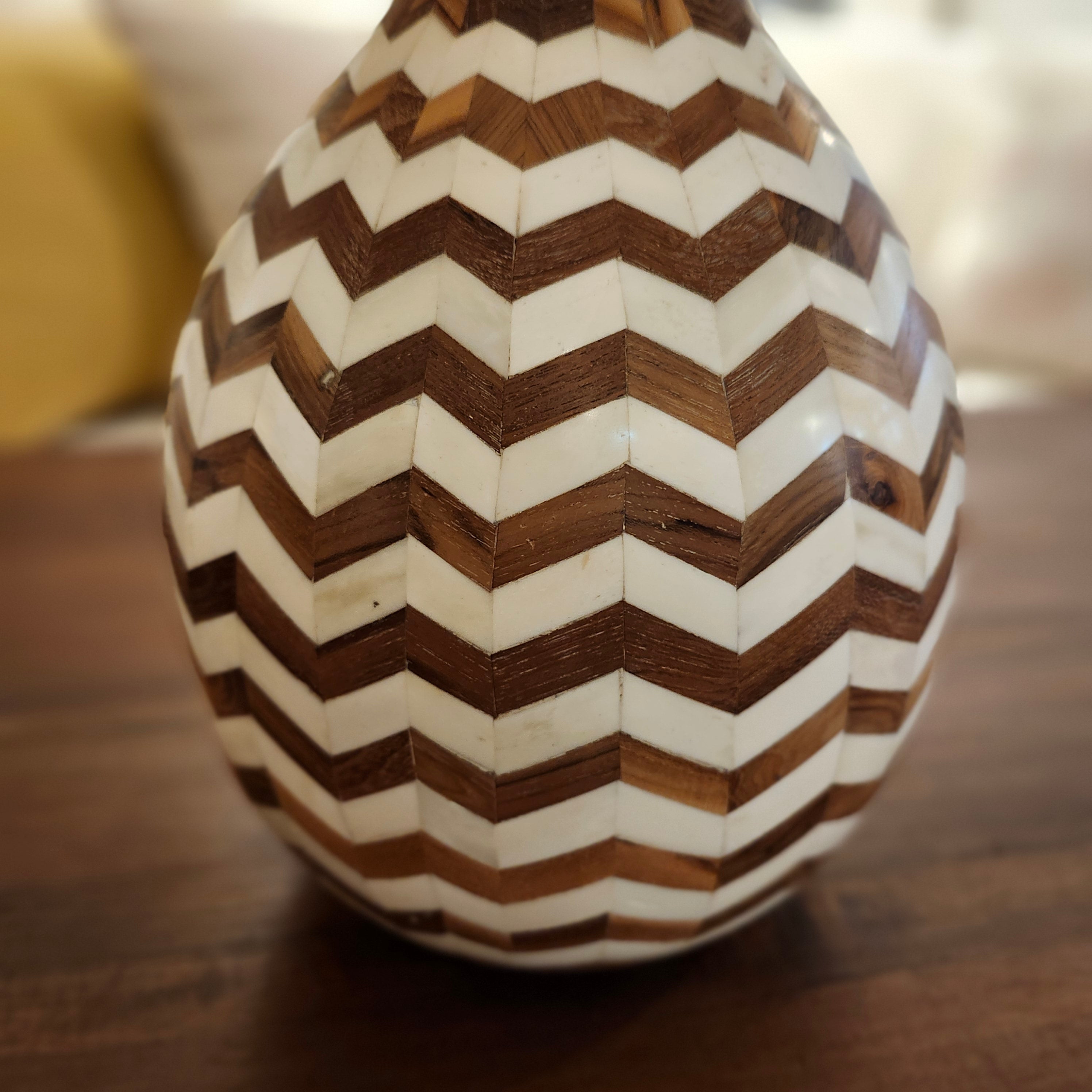 Teak bone inlay table lamp, side view