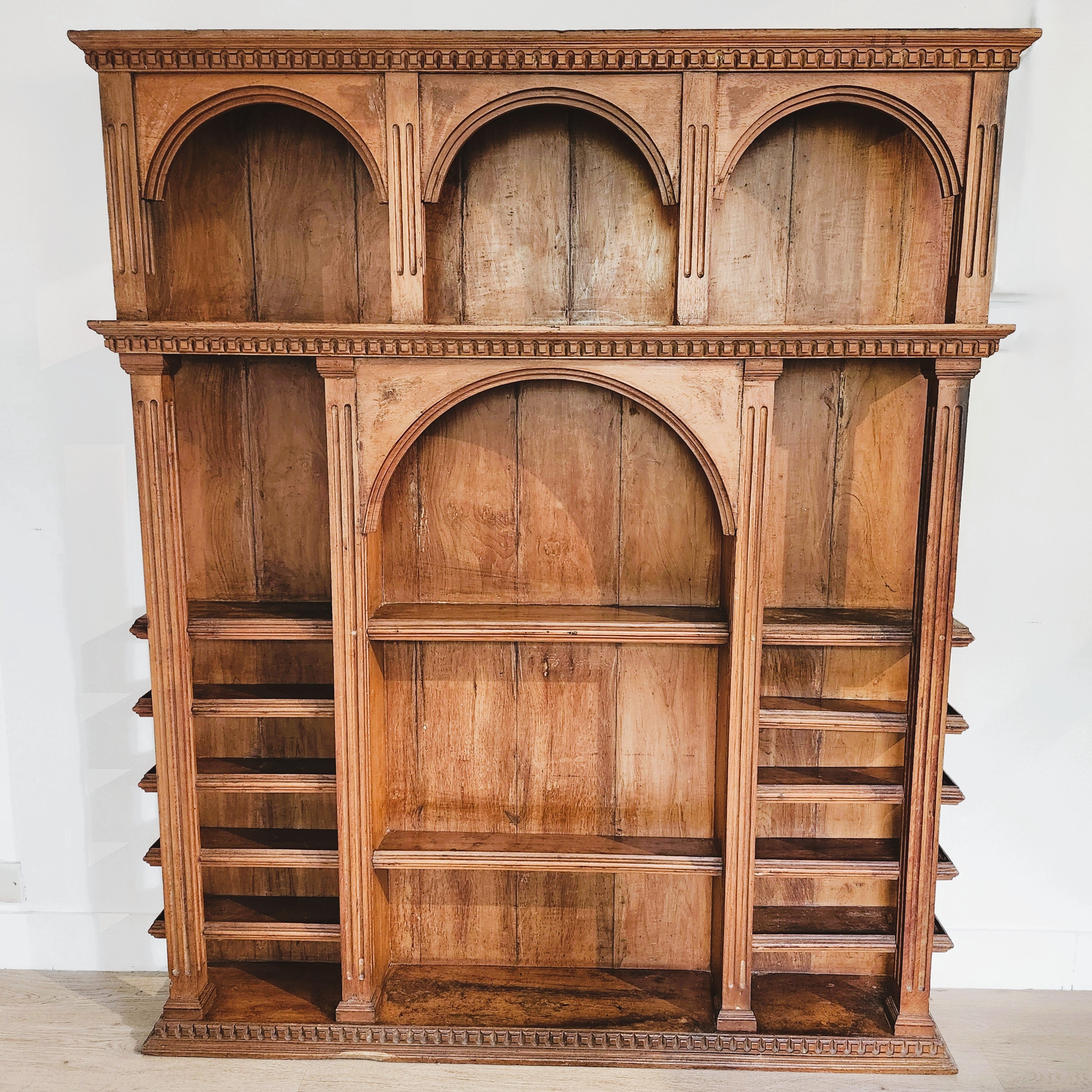 Vintage carved teak bookcase in natural finish, 175 x 147 x 25cm