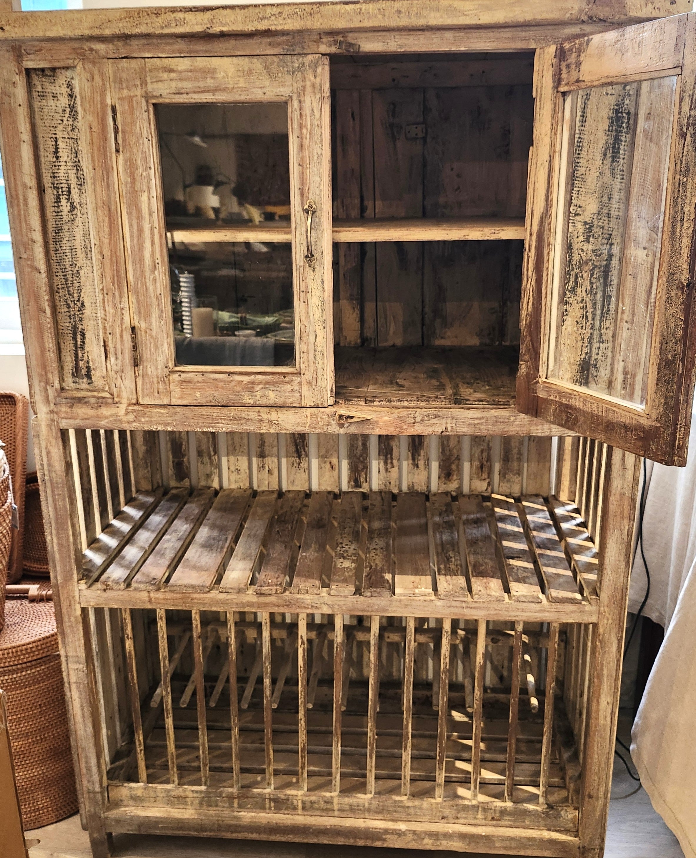Teak kitchen cabinet with slatted shelf, angled view