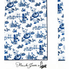 Blue and white London Toile Tea Towel with  'Mariko Jesse for Faux' branding.