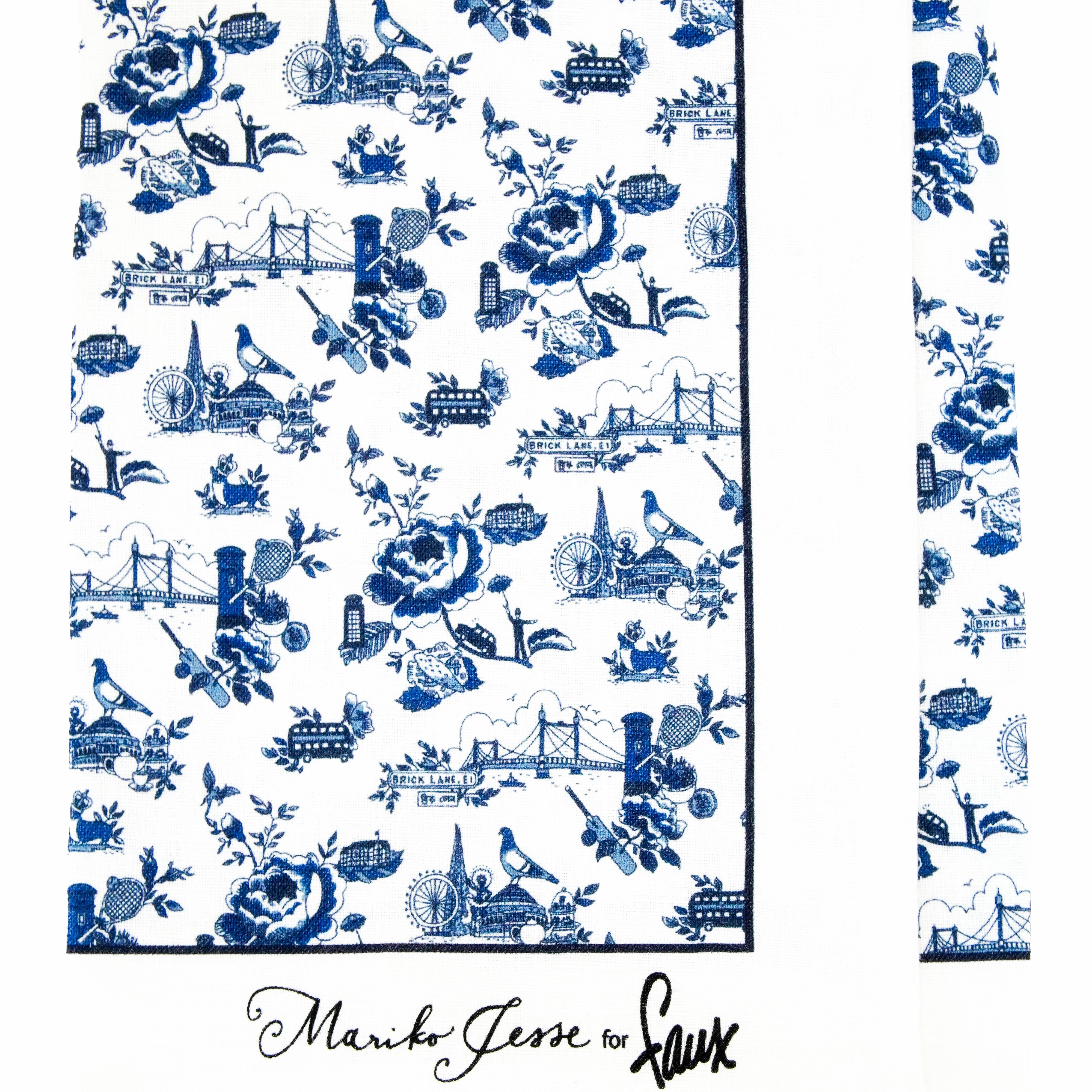 Blue and white London Toile Tea Towel with  'Mariko Jesse for Faux' branding.