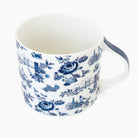 London Toile mug in white and blue on a white background