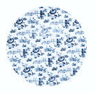Round blue and white London Toile patterned plate on a white background
