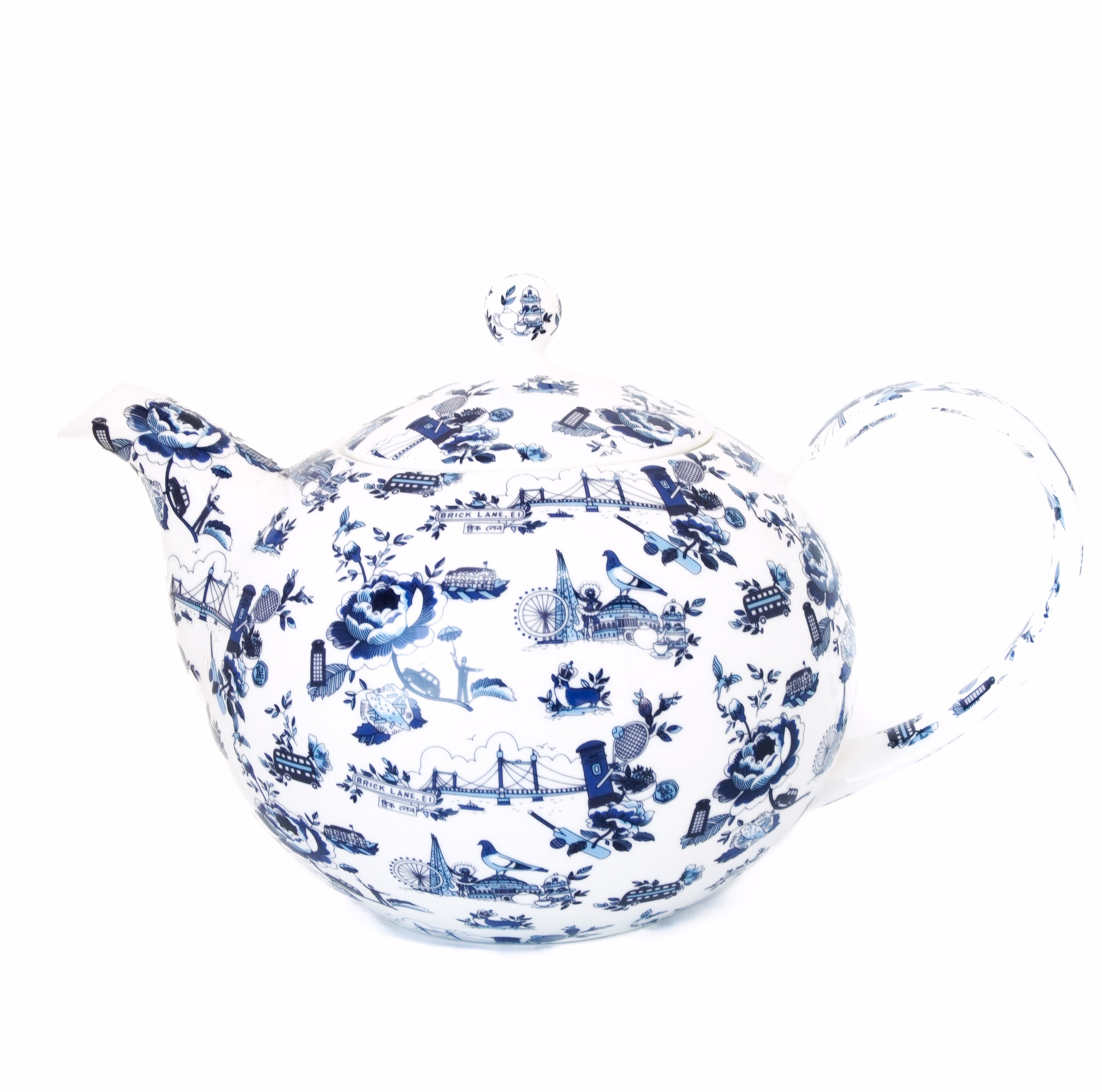 Blue and white London Toile teapot on a white background