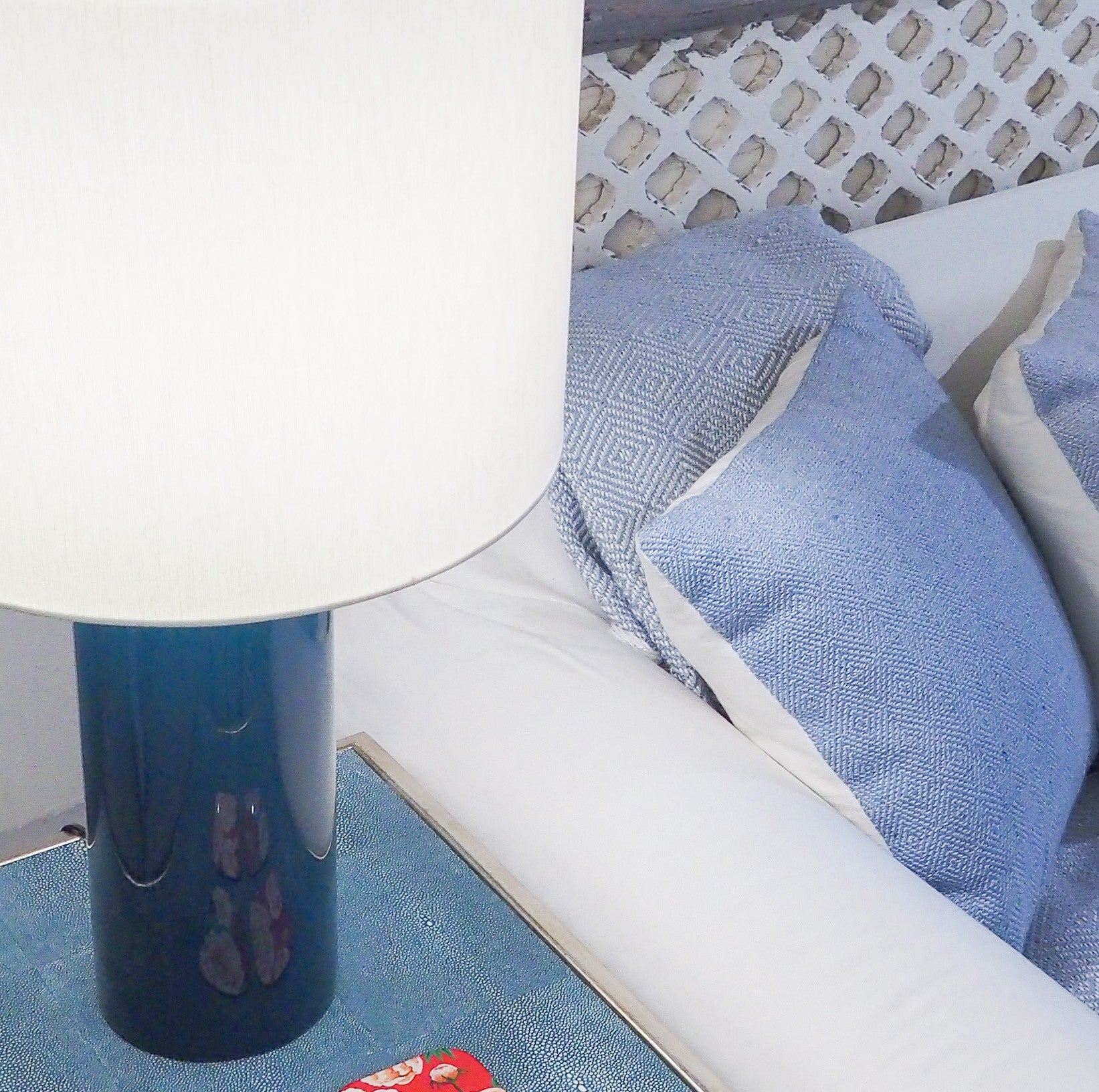 Blue lacquer table lamp with white drum shade, detail view
