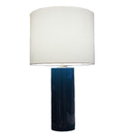 Blue lacquer table lamp with white drum shade, 38 cm diameter, 66 cm high