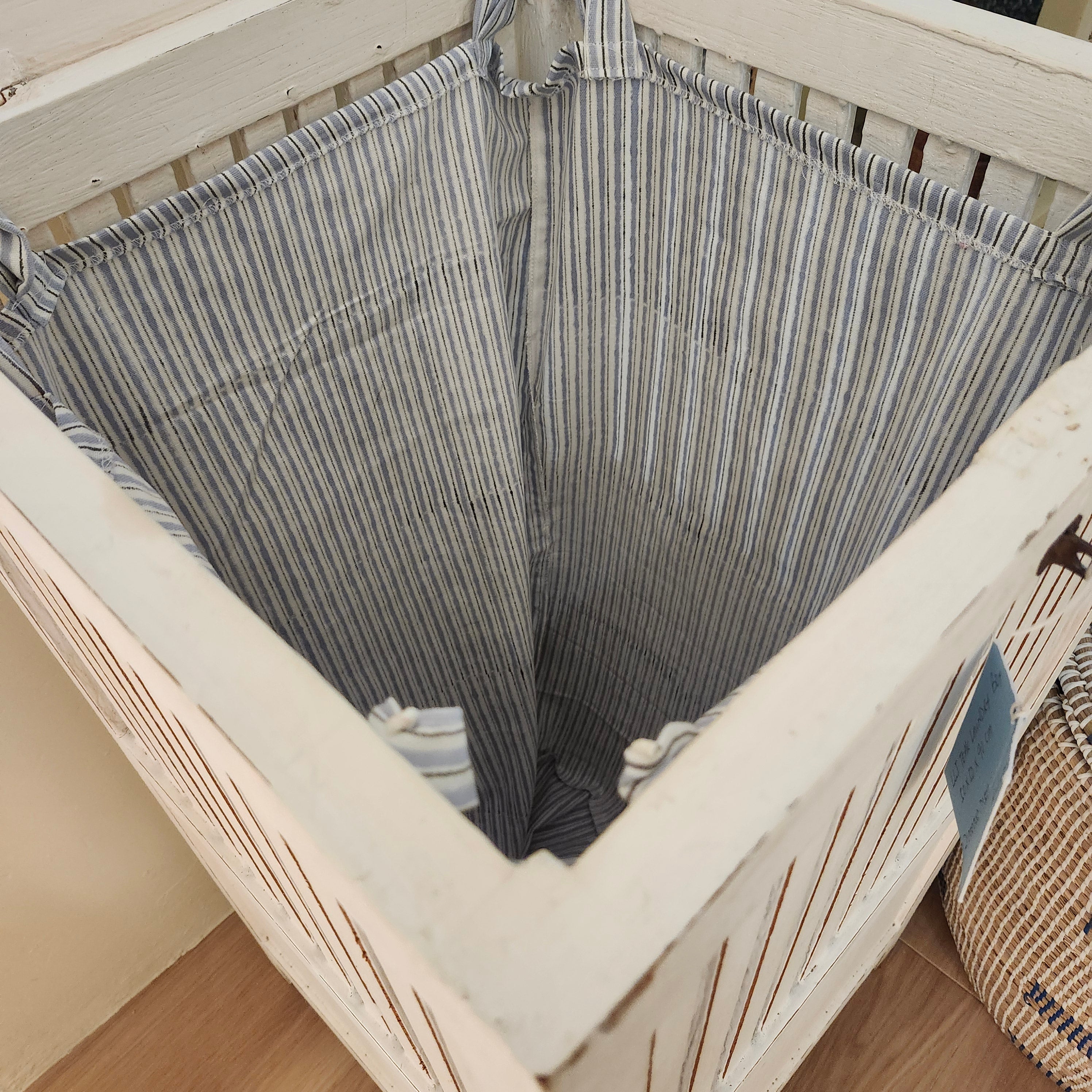 White teak laundry box with lined cotton liner, styled