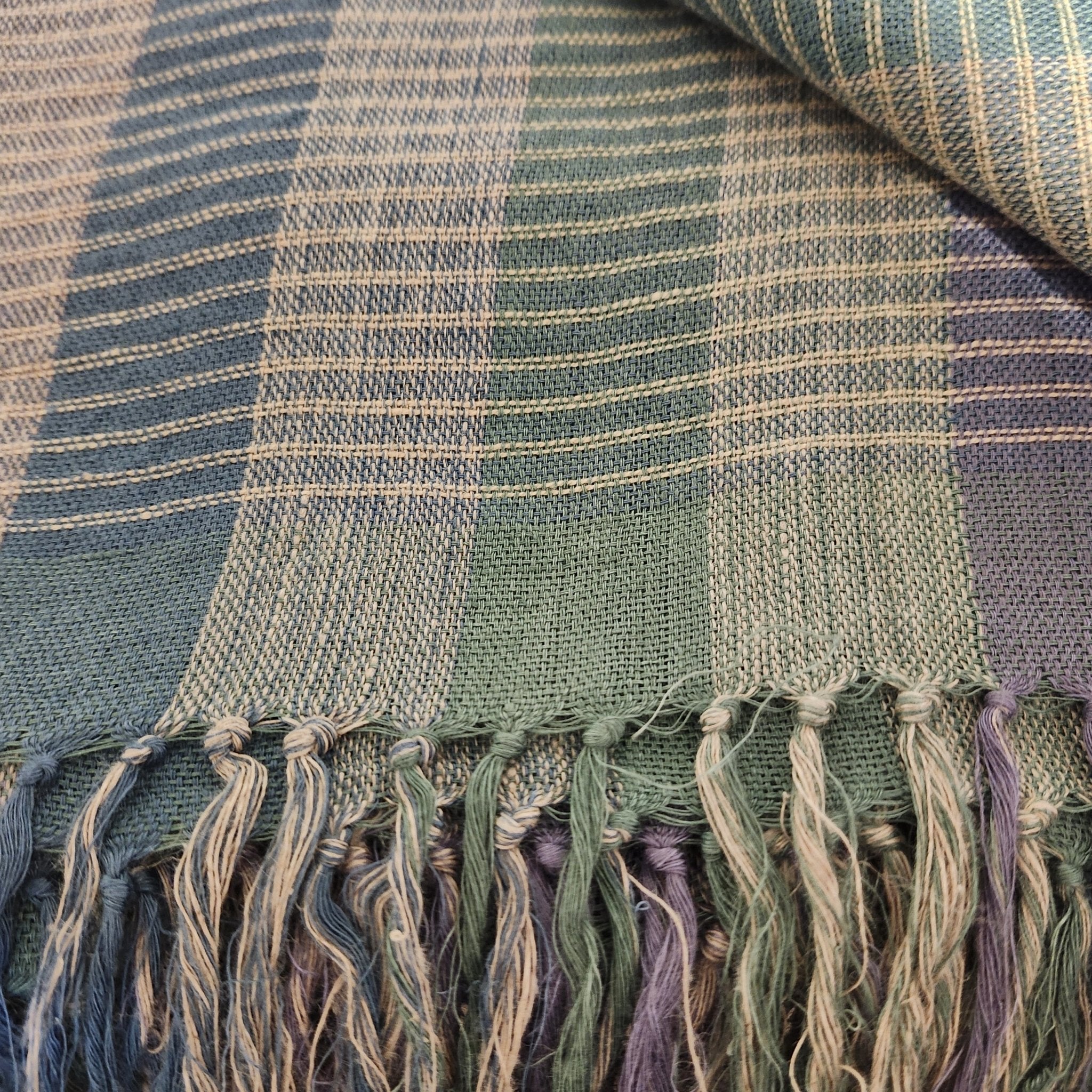 Handloom silk and linen striped throw in petrol blue, teal and natural, tasselled edge, 154 x 160cm