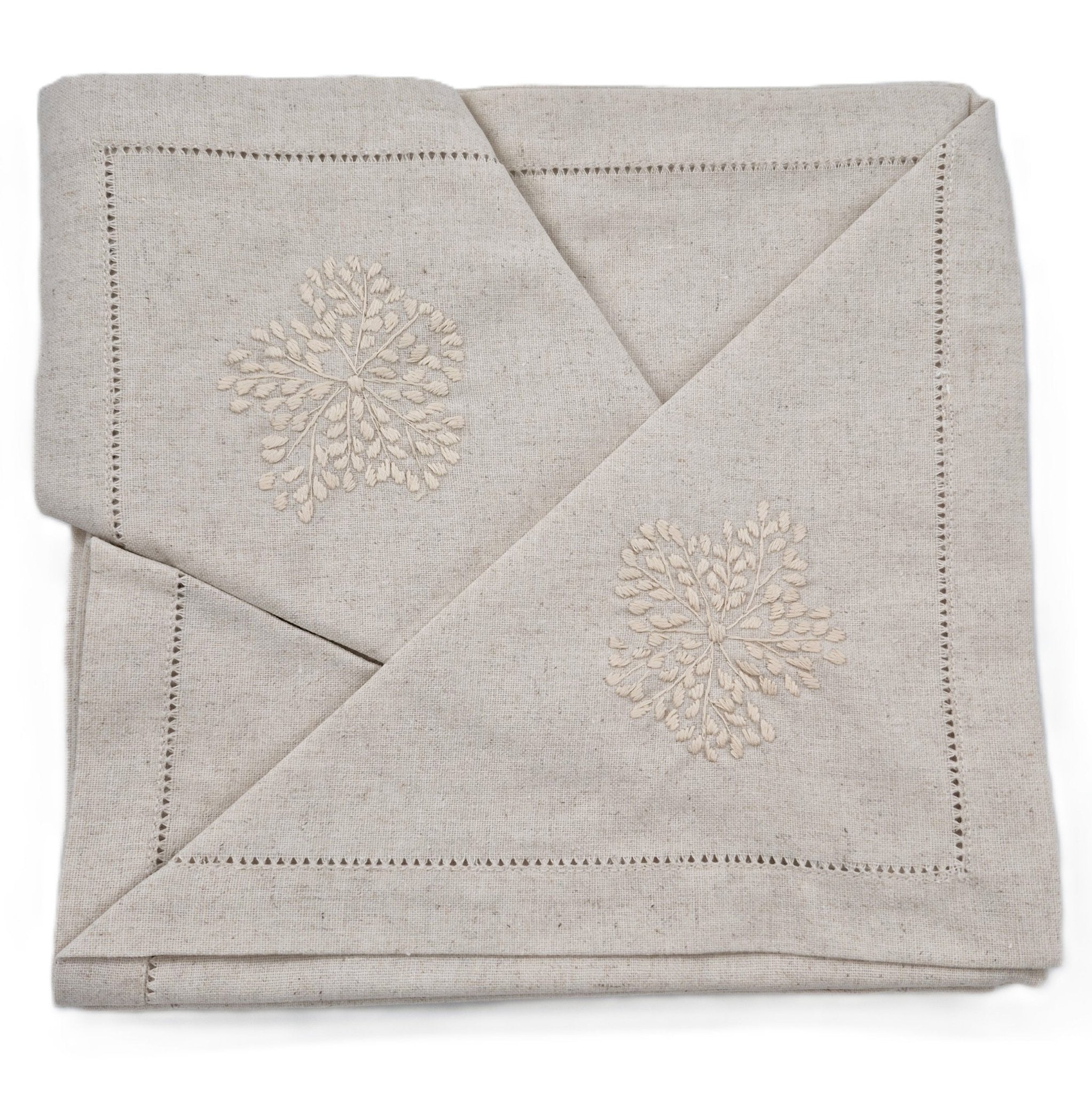 Hand embroidered linen napkins, beige floral corner on beige, set of six, 45 x 45 cm