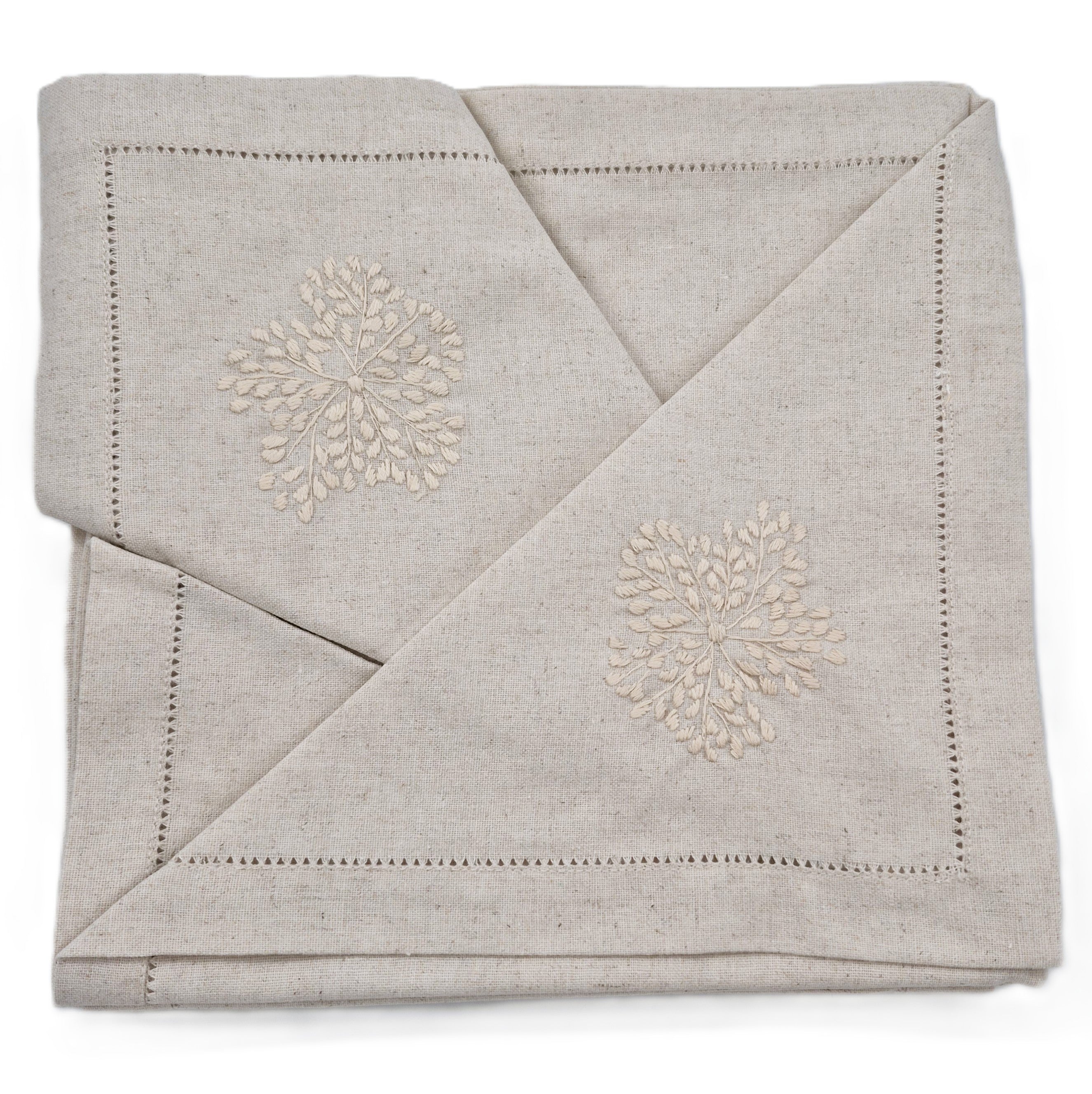 Hand embroidered linen napkins, beige floral corner on beige, set of six, 45 x 45 cm
