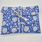 Lotus block print pyjamas in blue and white cotton cambric, long sleeved top with a neat contrast trim