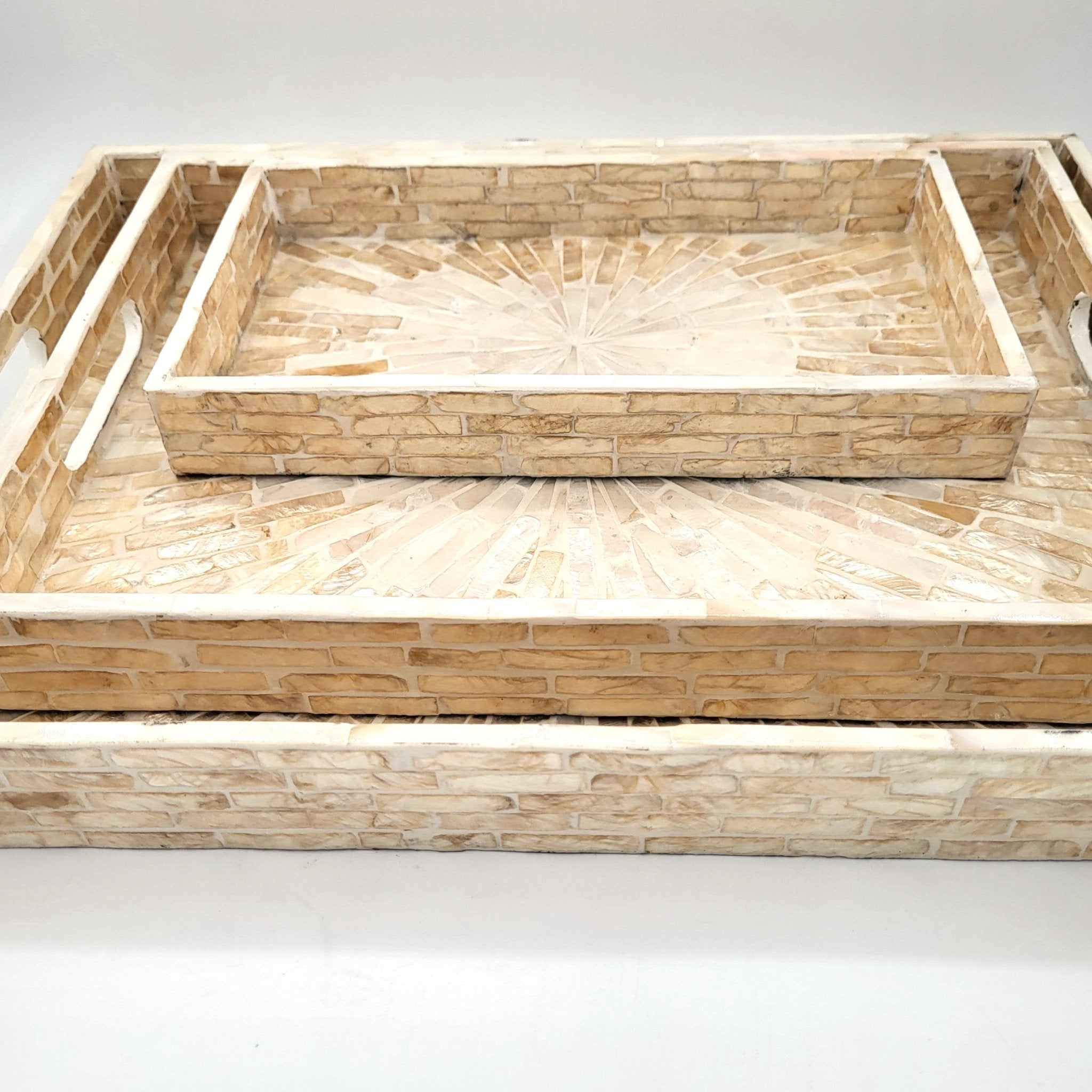 Mother of pearl tray in ivory, sunburst pattern inlay on wood, handmade