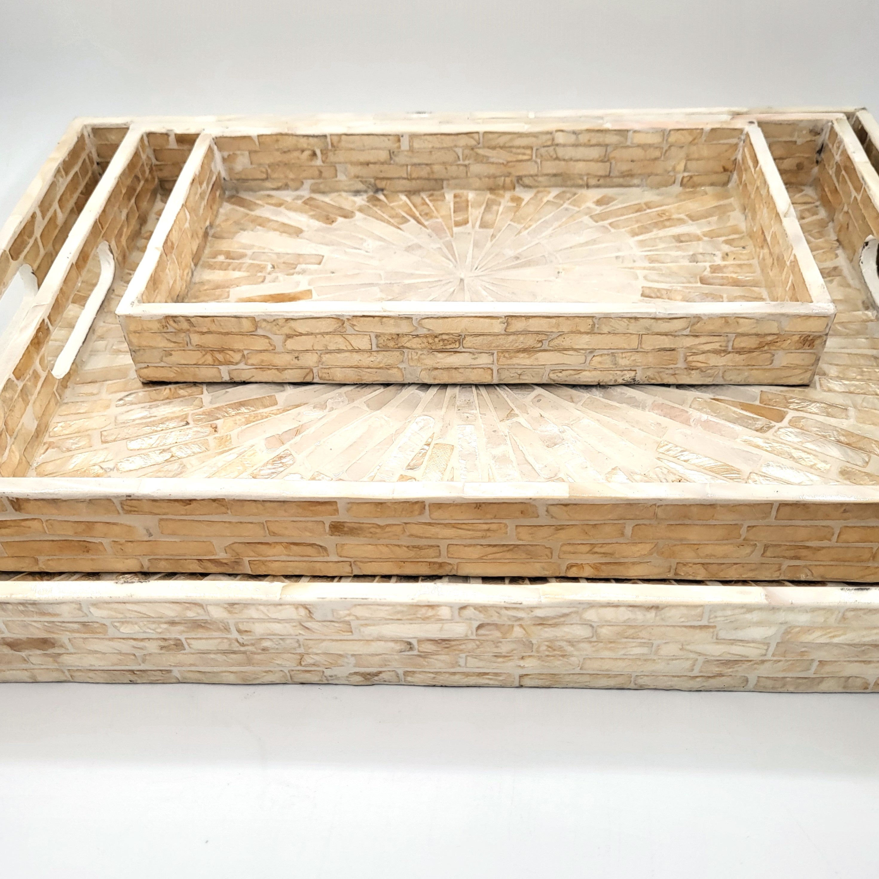 Mother of pearl tray in ivory, sunburst pattern inlay on wood, handmade