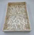 Mother of pearl inlay tray in ivory, handmade petal pattern on wood, 17 x 25cm
