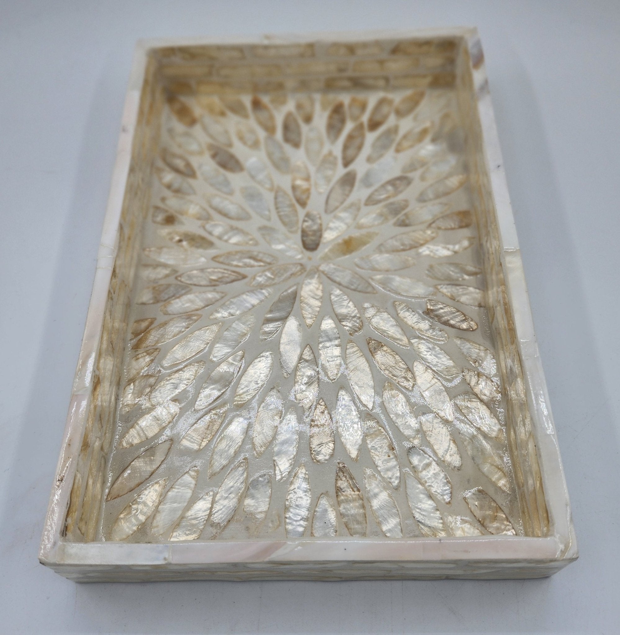 Mother of pearl inlay tray in ivory, handmade petal pattern on wood, 17 x 25cm