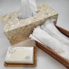 Ivory mother of pearl tissue box cover, iridescent inlay, styled in a bathroom