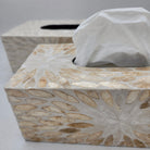Ivory mother of pearl tissue box cover, petal pattern inlay, detail view