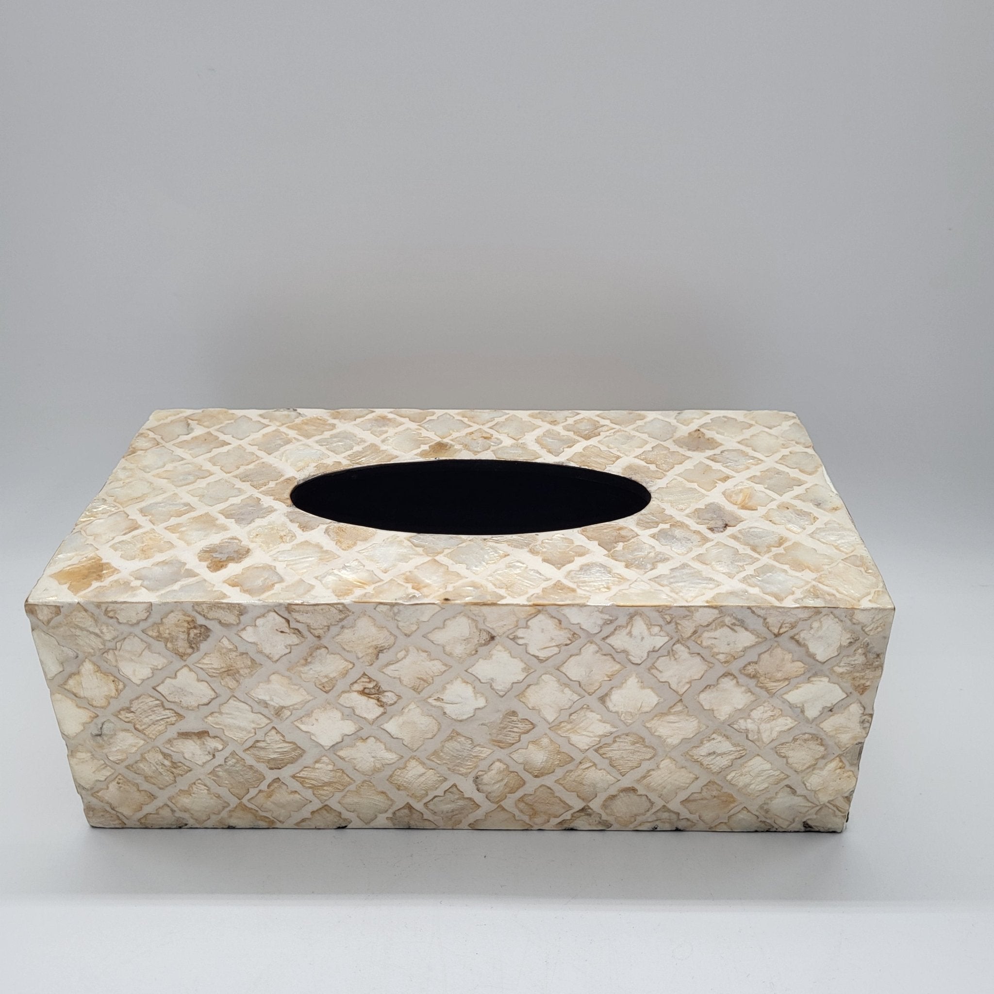 Ivory mother of pearl tissue box cover, mosaic pattern inlay, handmade