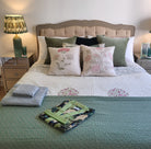 Malina queen bed in mango wood with linen headboard, greyish wash, styled
