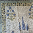 Marigold floral and cypress block-print bedspread in blue, queen, with pillowcases
