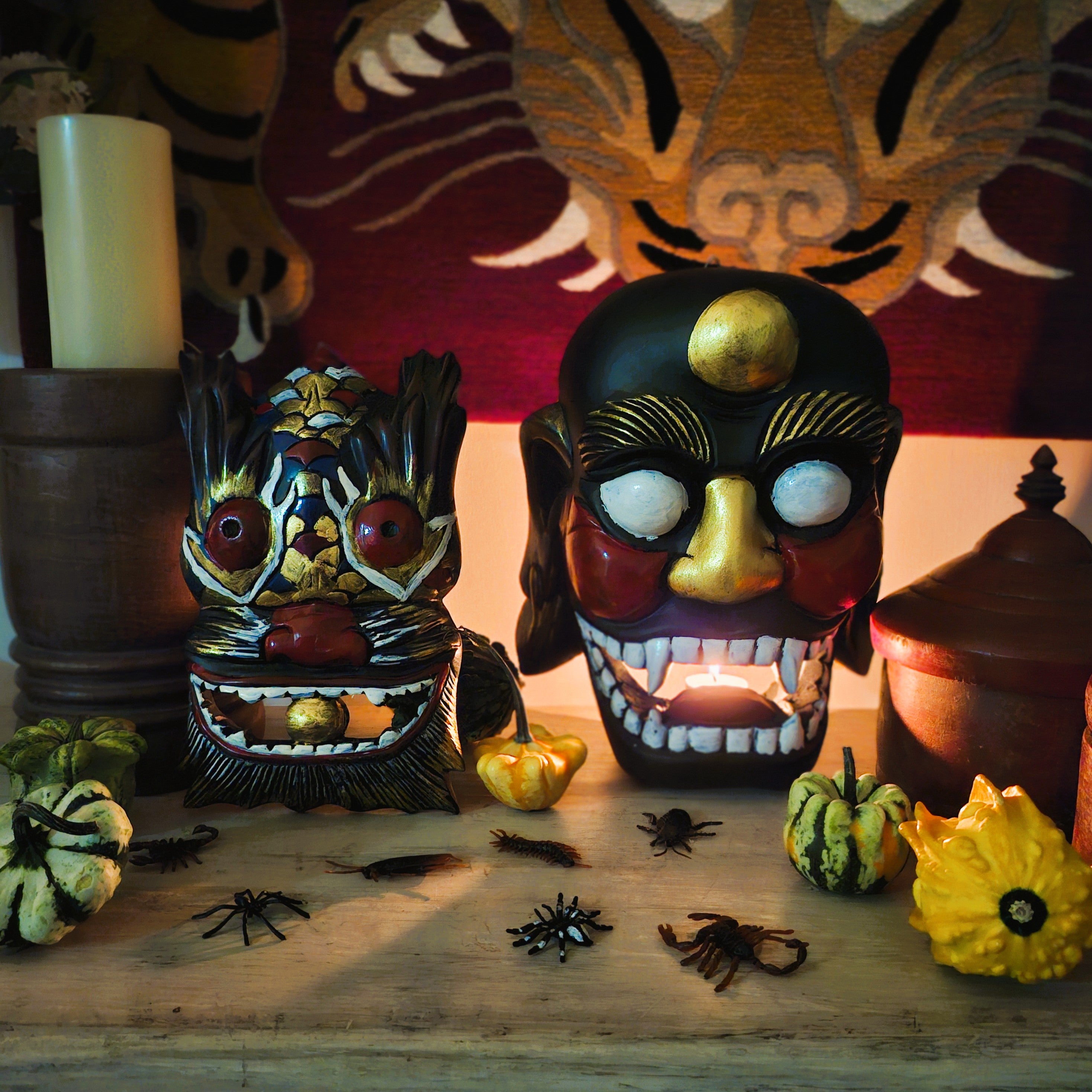 Hand-painted wooden Halloween masks, rustic wall decorations