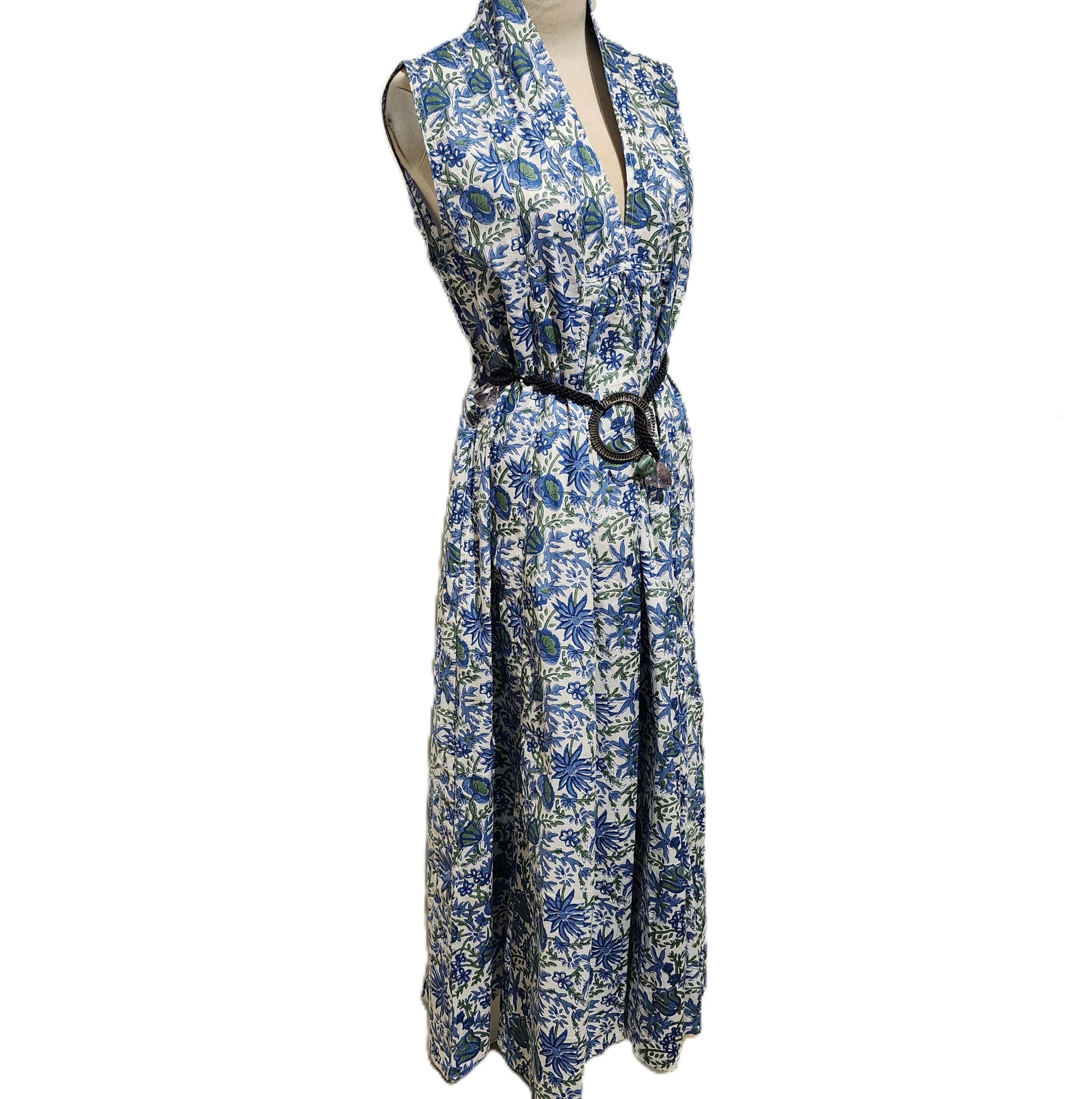 May sleeveless block-print cotton dress in blue floral