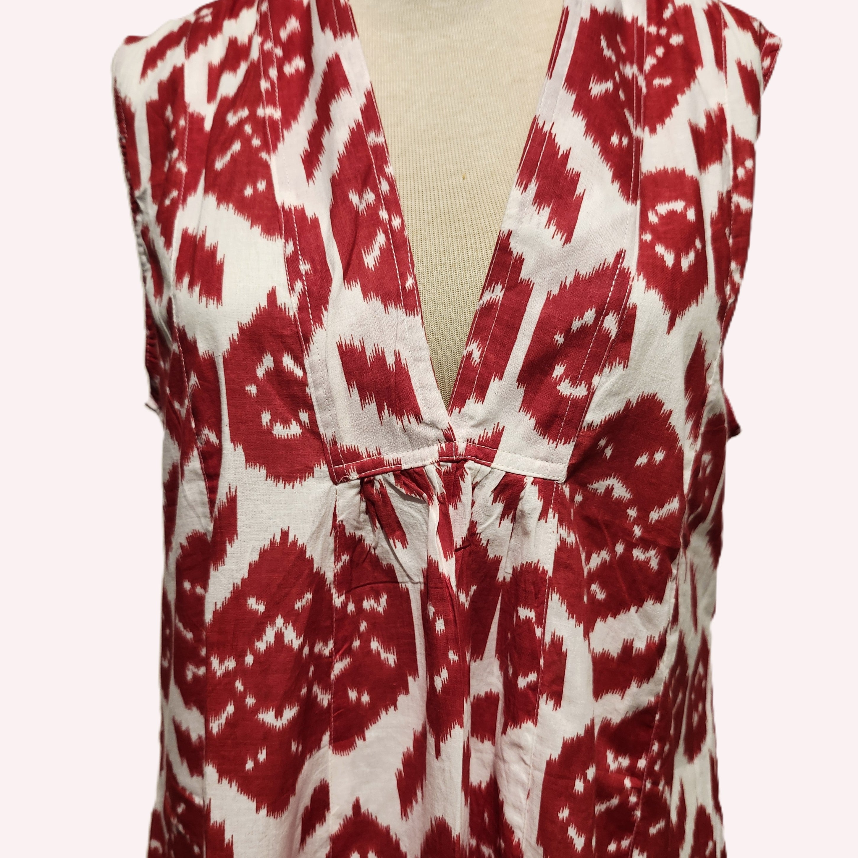 May red ikat block-print cotton dress, can be belted