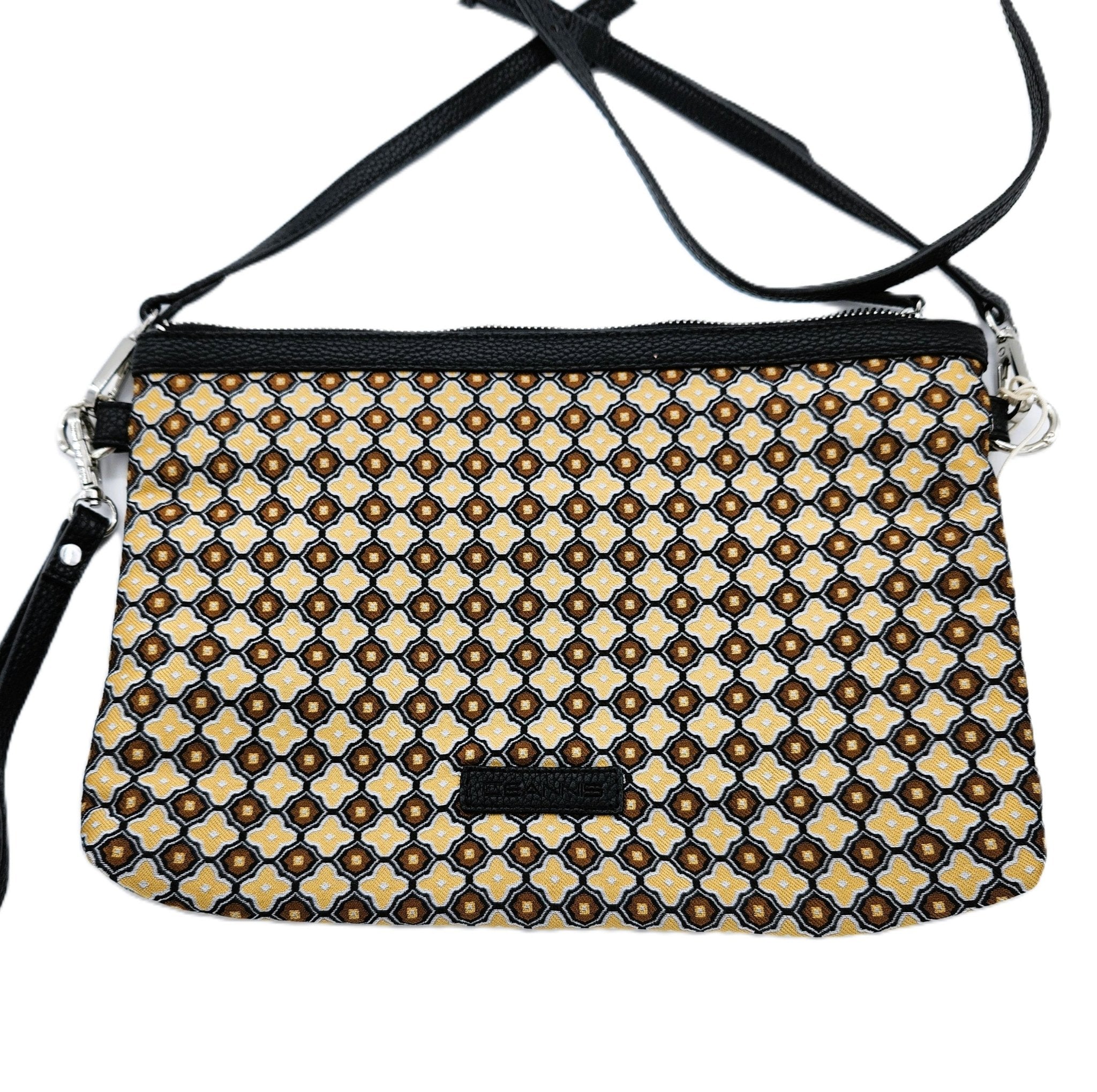 Mosaic flat bag in beige, printed silk with leather strap, 30 x 21 cm