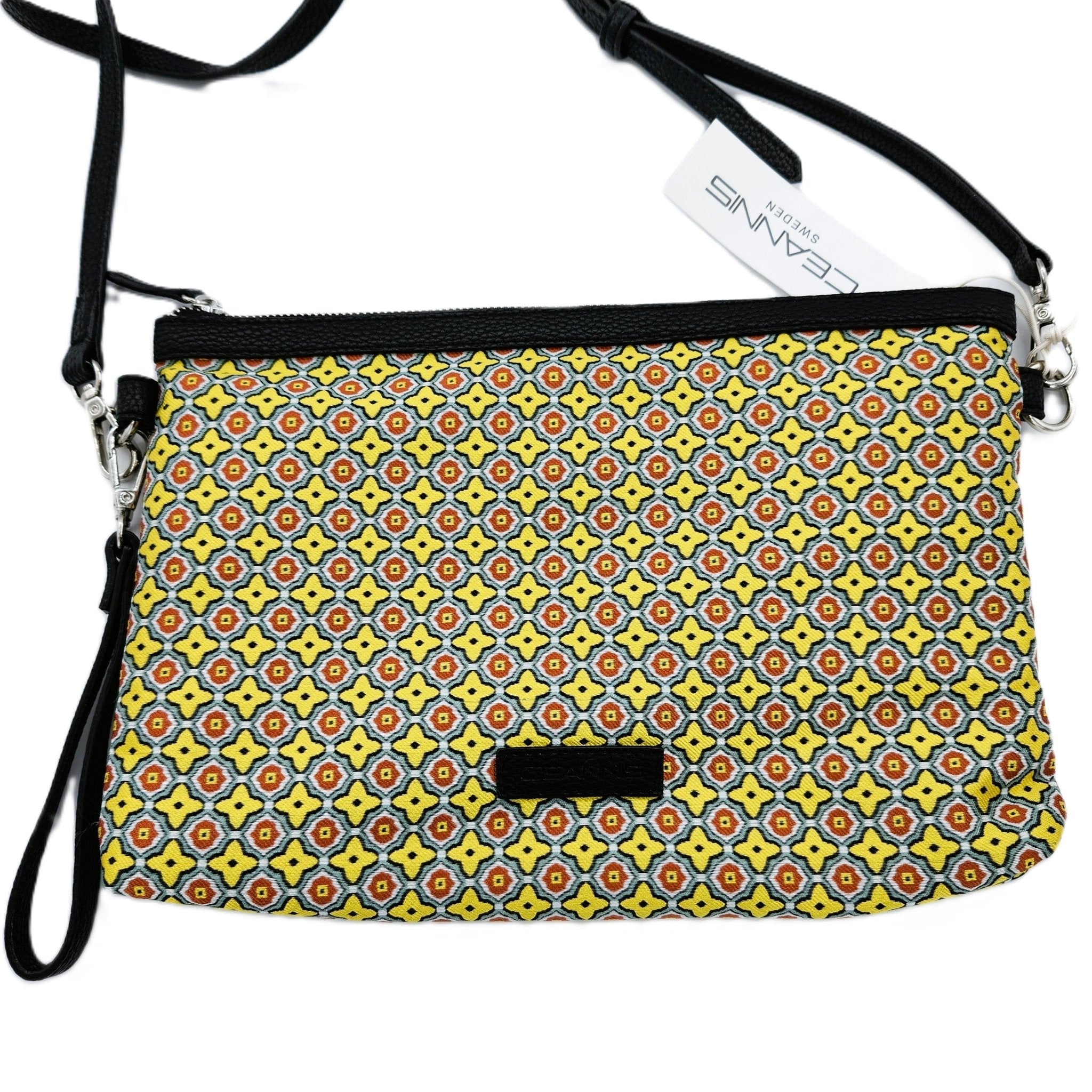 Mosaic flat bag in yellow, printed silk, slim leather shoulder strap