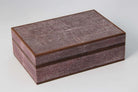Mulberry faux shagreen jewellery box by Forwood Design, open showing smoky blue suede lining and mirror
